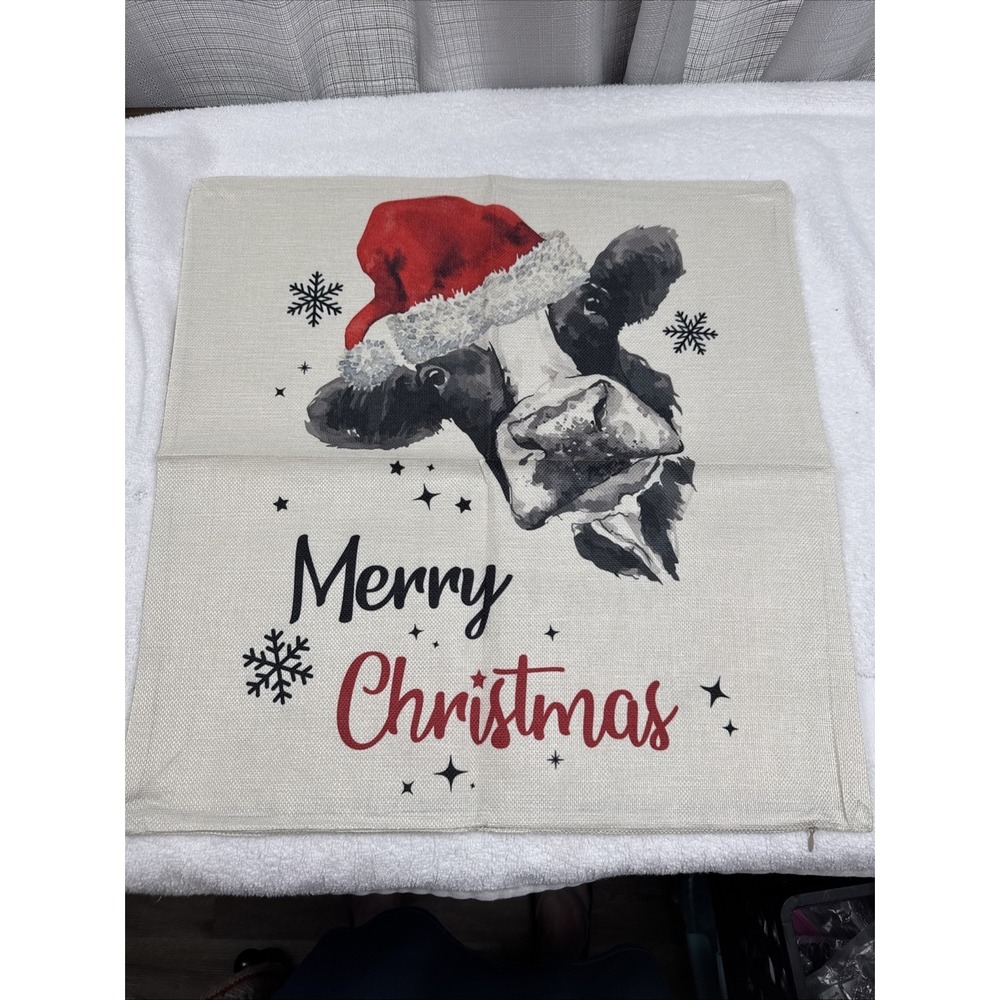 Christmas Cow‎ Wearing a Santa Hat Pillow (Cover only) 19" X 19" Merry Christmas
